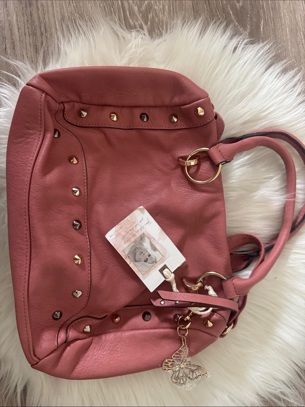 Studded Coral Pink Shoulder Bag with Gold Accents